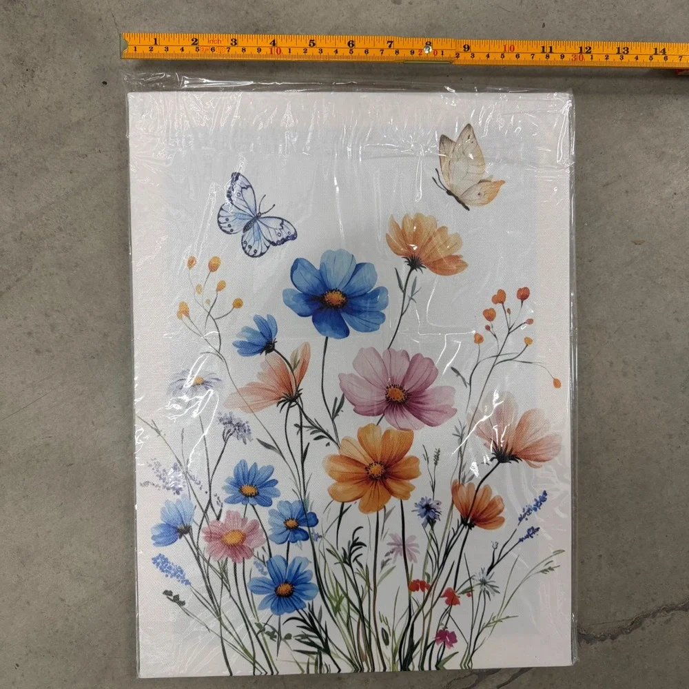 Floral Wildflower Canvas Wall Art Blue Orange Pink Flowers Butterflies 12x16
